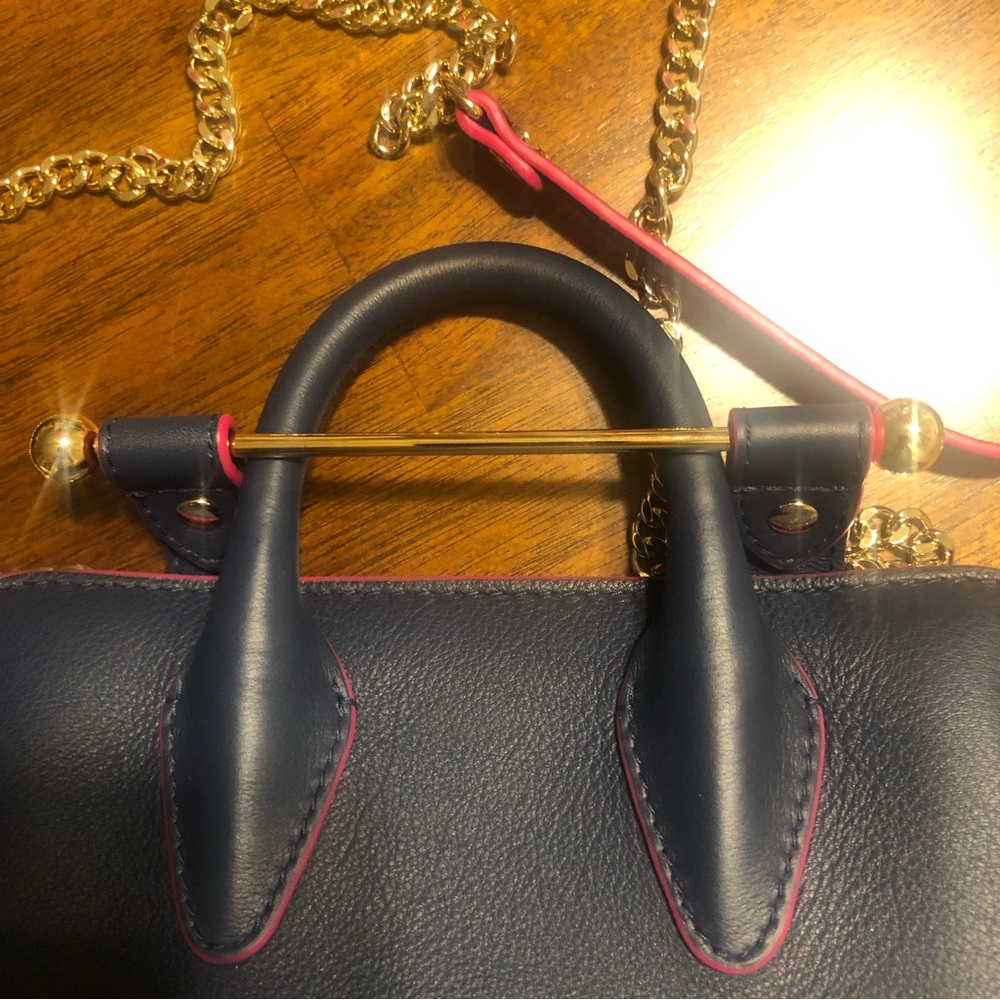 Strathberry Navy Leather Mini Top-Handle Crossbody with Pink Trim - Picture 13 of 16